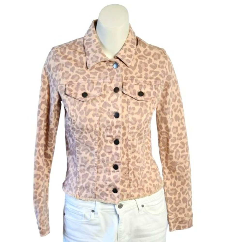 Kut From the Kloth Pink and Gray Leopard Print Denim Jacket Size Extra Small